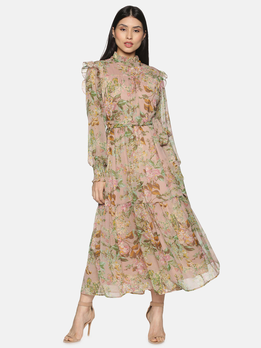 Beige Floral Tiered Midaxi Dress