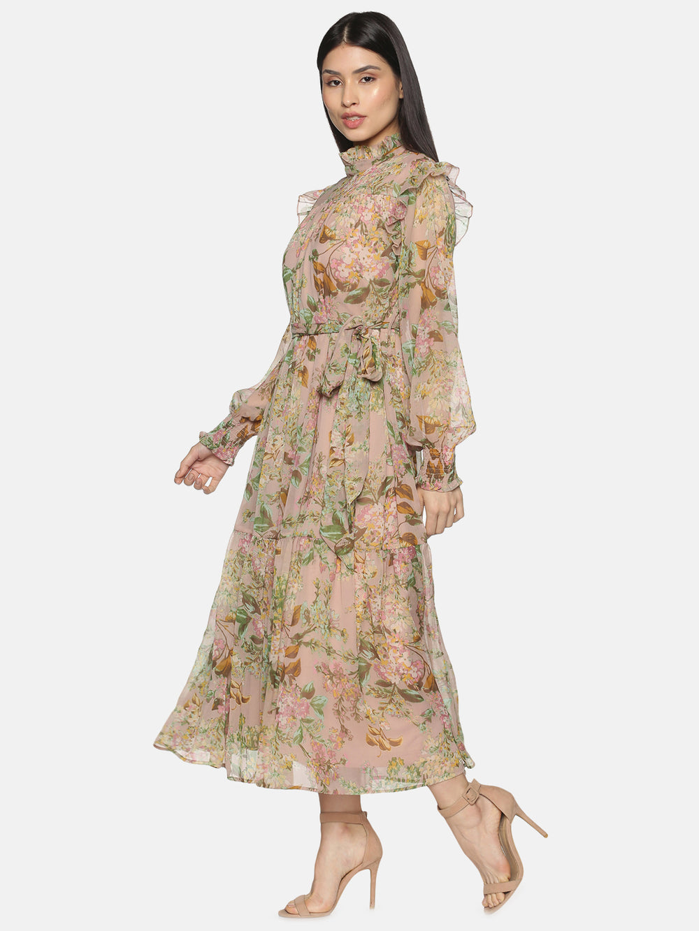 Beige Floral Tiered Midaxi Dress