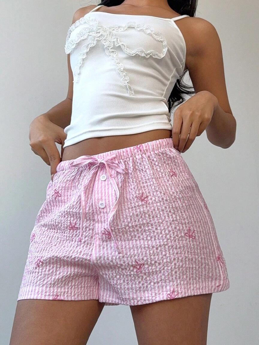 Custom Women Comfy Adorable Casual Pink Striped Bow Knot Print Shorts
