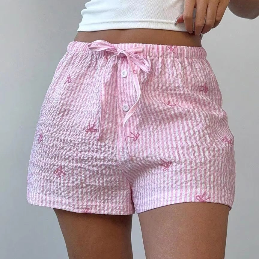Custom Women Comfy Adorable Casual Pink Striped Bow Knot Print Shorts